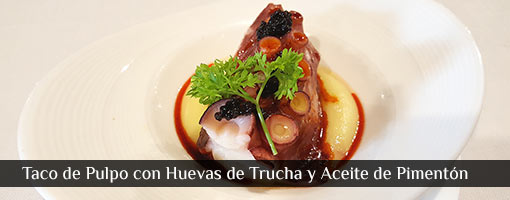 Taco de Pulpo asado con Huevas de Trucha y Aceite de Pimentón