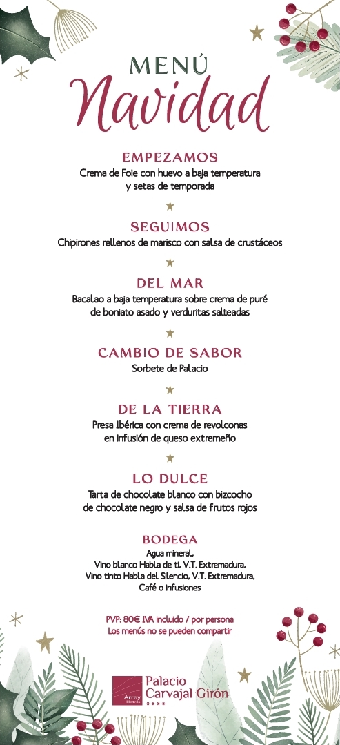 Menu de la comida de Navidad 2022 en el Palacio de Carvajal Girón